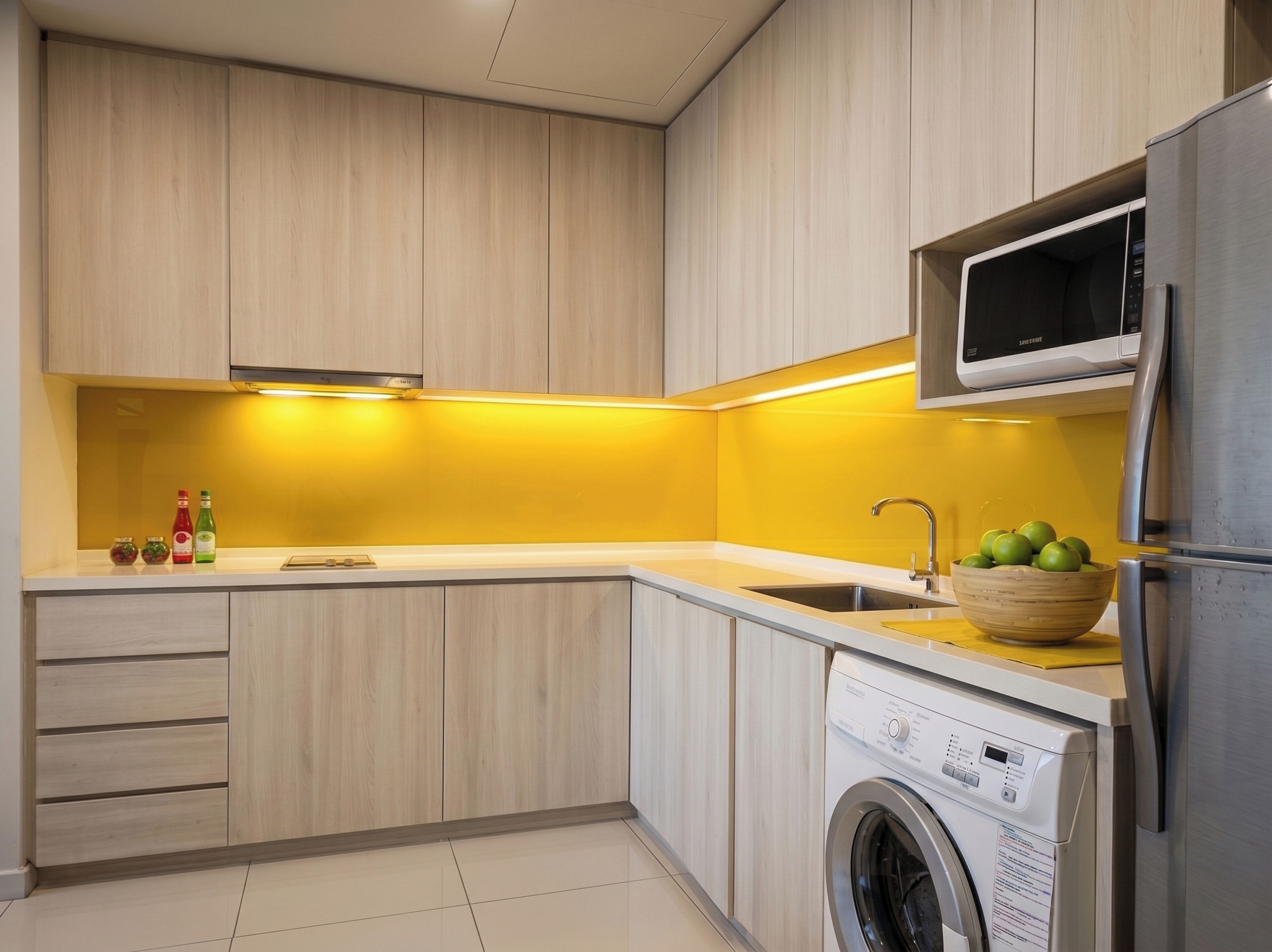 Fridge, microwave, coffee/tea maker, cookware/dishes/utensils