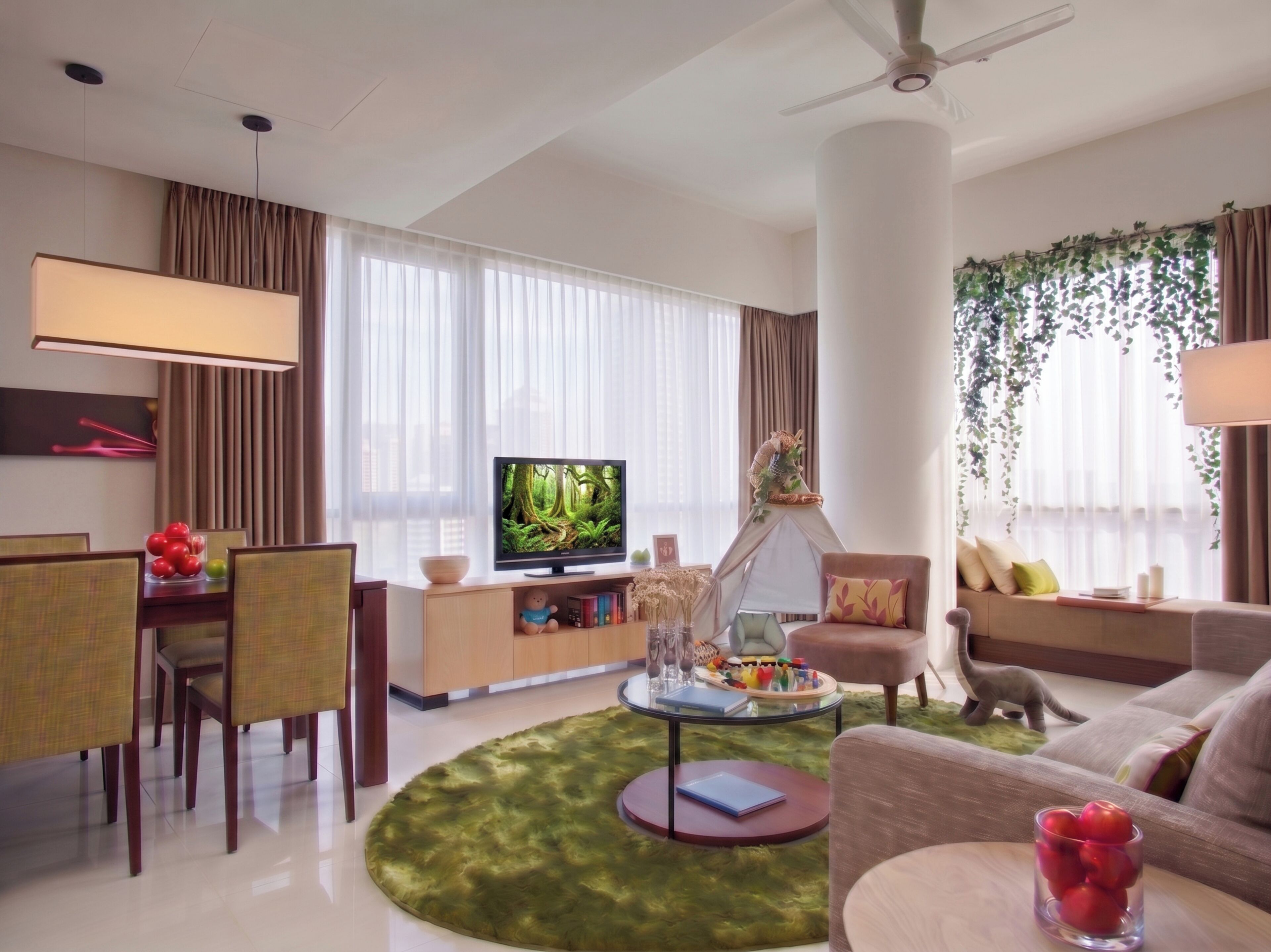 Premier appartement, 2 slaapkamers (Jungle Themed - Family Suites) | Woonruimte | Lcd-televisie, een dvd-speler en een iPod-dock