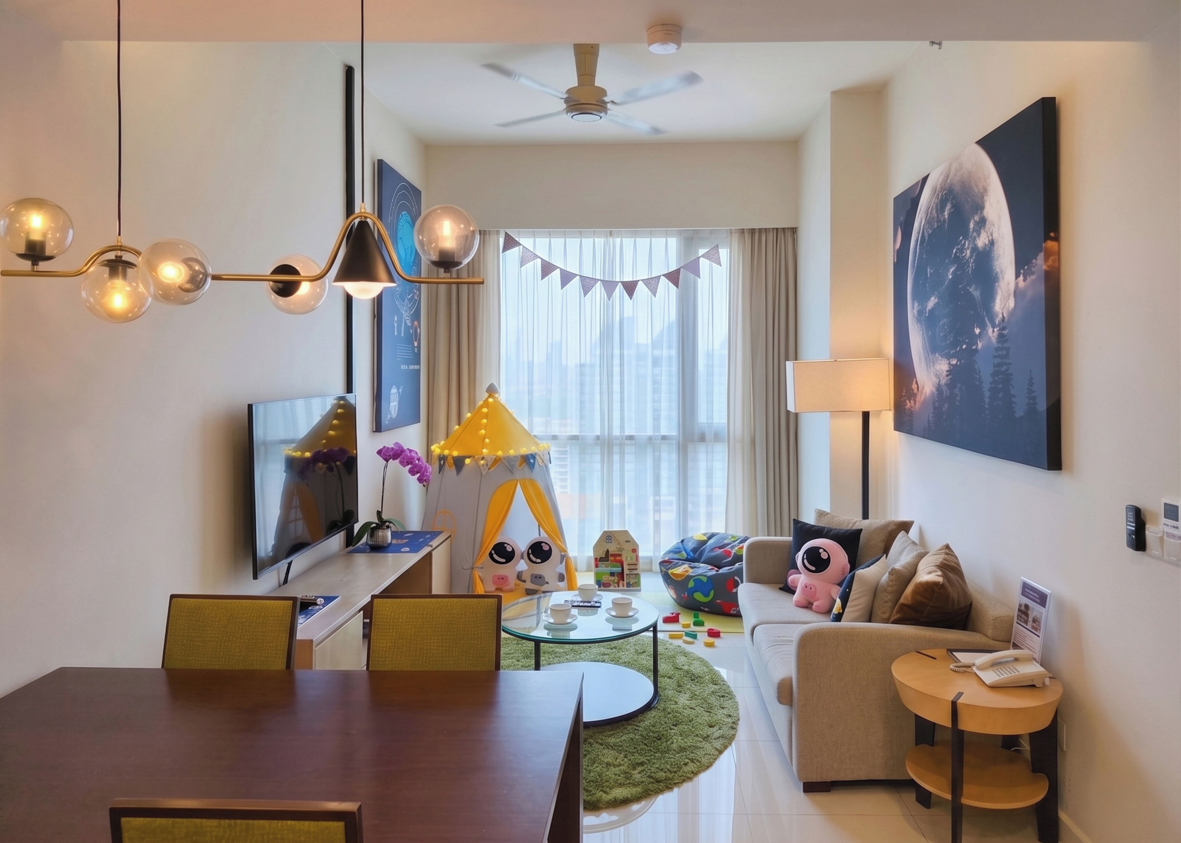 Premier appartement, 1 slaapkamer (Astronaut Themed - Family Suites) | Woonruimte | Lcd-televisie, een dvd-speler en een iPod-dock