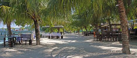 An outdoor seating area with tables and chairs under palm trees, overlooking a body of water.
