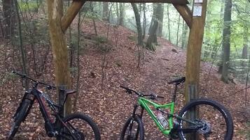 Two bicycles parked under a wooden structure in a forested area.