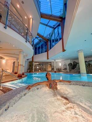 Indoor pool, outdoor pool, sun loungers