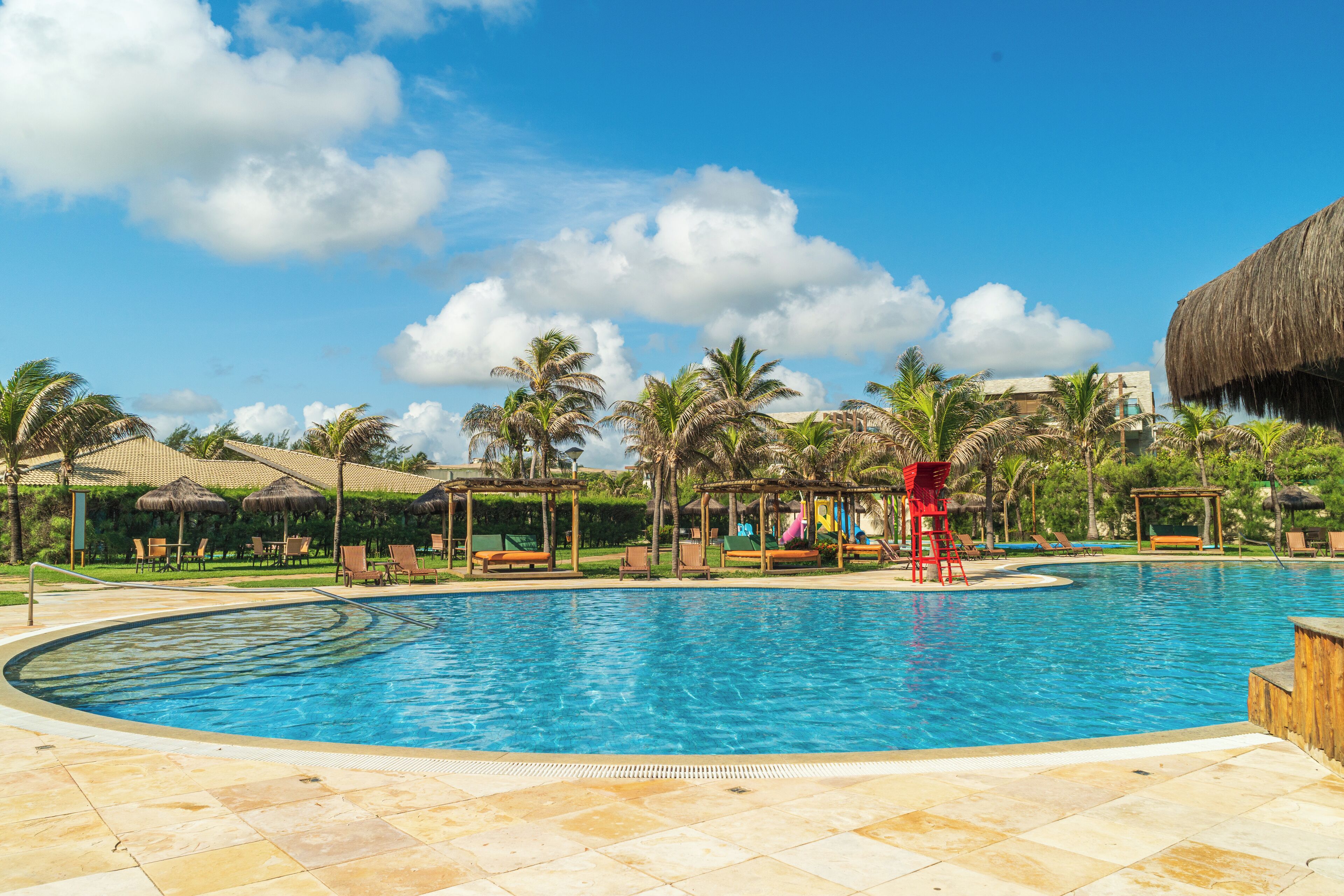 A swimming pool with lounge chairs and umbrellas, surrounded by palm trees and a clear sky.