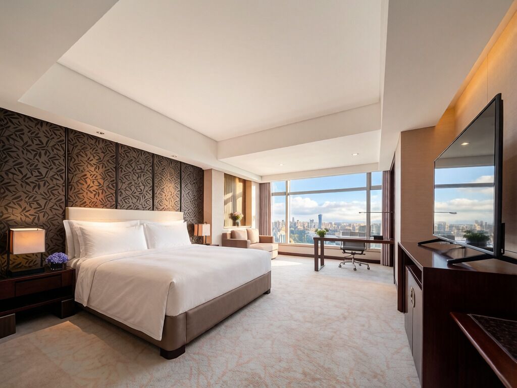 Chăn bông, minibar, két bảo mật tại phòng, bàn 