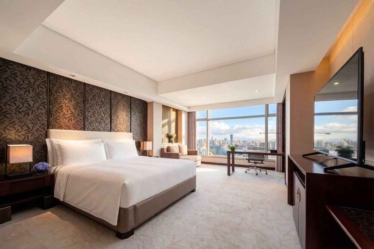 Een moderne hotelkamer met een groot bed, een bureau, een stoel en een televisie.
