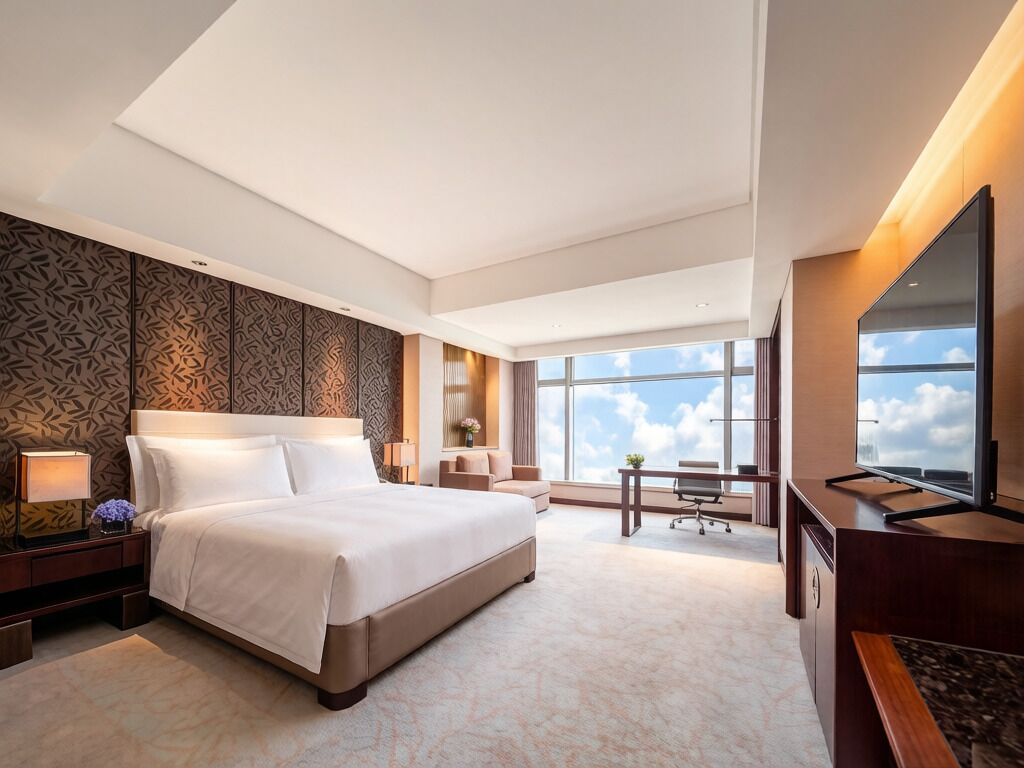 A modern hotel room with a large bed, a desk, a TV, and a view of the sky.
