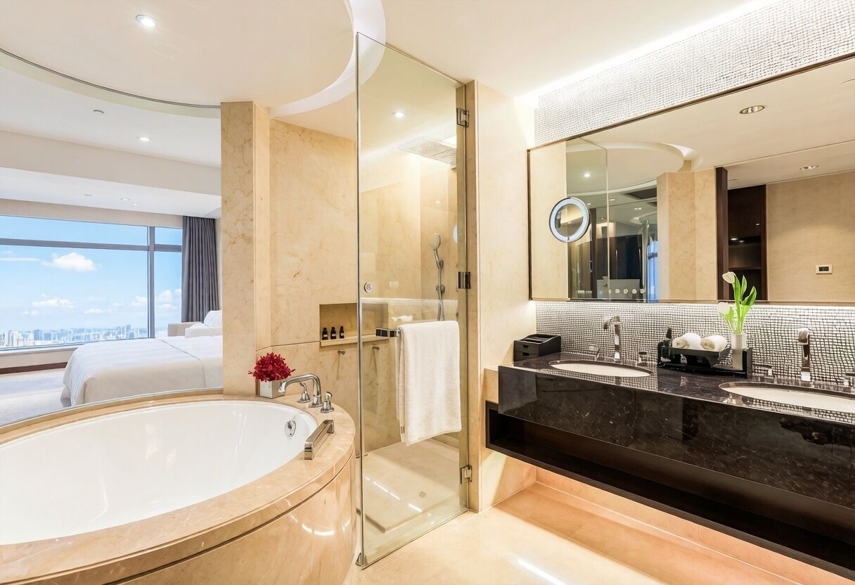 Une salle de bain moderne dotée d’une grande baignoire, d’une douche à parois de verre et d’un meuble-lavabo avec un grand miroir.