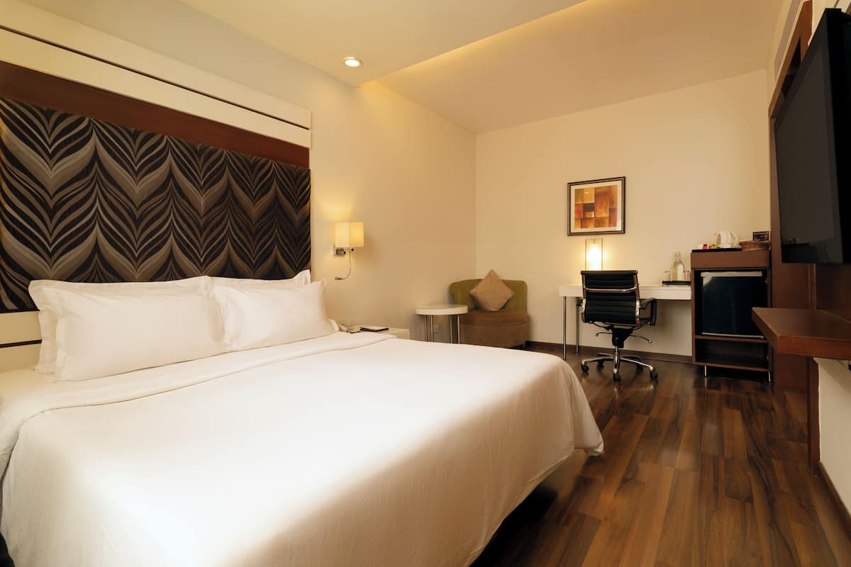 Habitación de hotel con una cama grande, un escritorio, una silla, un televisor y una obra de arte en la pared.