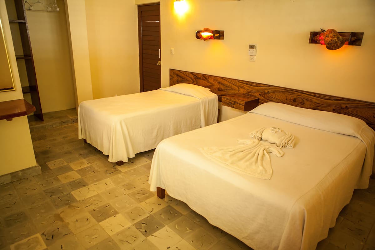A hotel room with two single beds, a wooden headboard, a small desk, and a mirror.