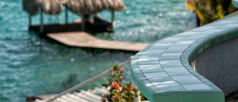 A poolside area with a curved edge, a thatched-roof structure in the background, and a clear view of the water.