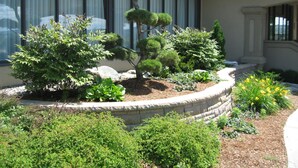 Um jardim ajardinado com arbustos diversos e uma pequena árvore, um muro de pedra de sustentação e um edifício com janelas grandes e um telhado escuro.