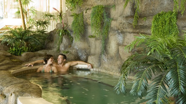 Uma banheira de hidromassagem com duas pessoas, rodeadas por plantas tropicais e um muro de pedra.