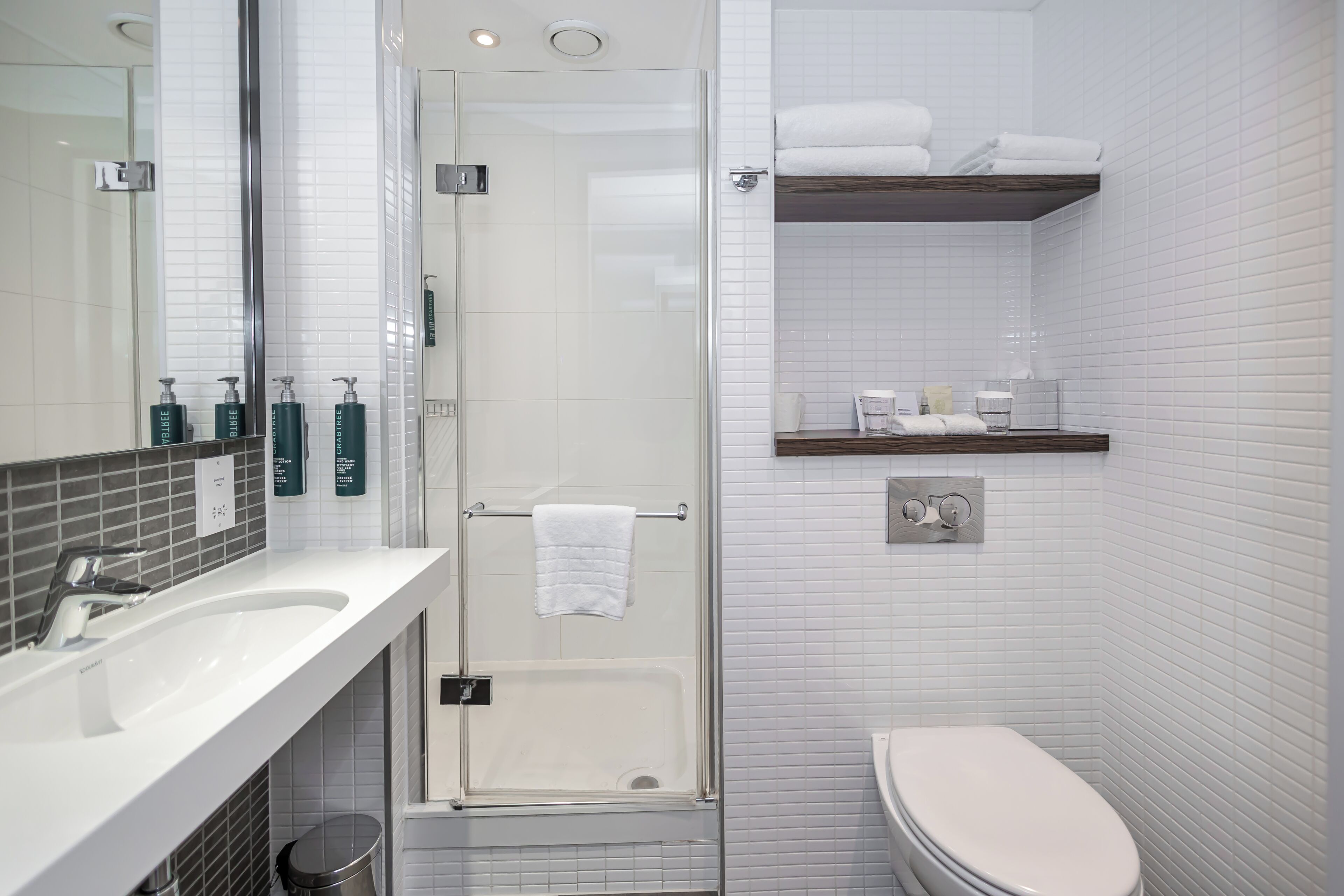 A modern bathroom with a glass shower enclosure, a white sink, and a toilet.