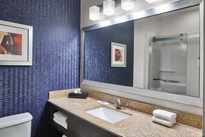 A bathroom with a large mirror, a sink, and a shower. - Fairfield Inn and Suites Gainesville (Gainesville)