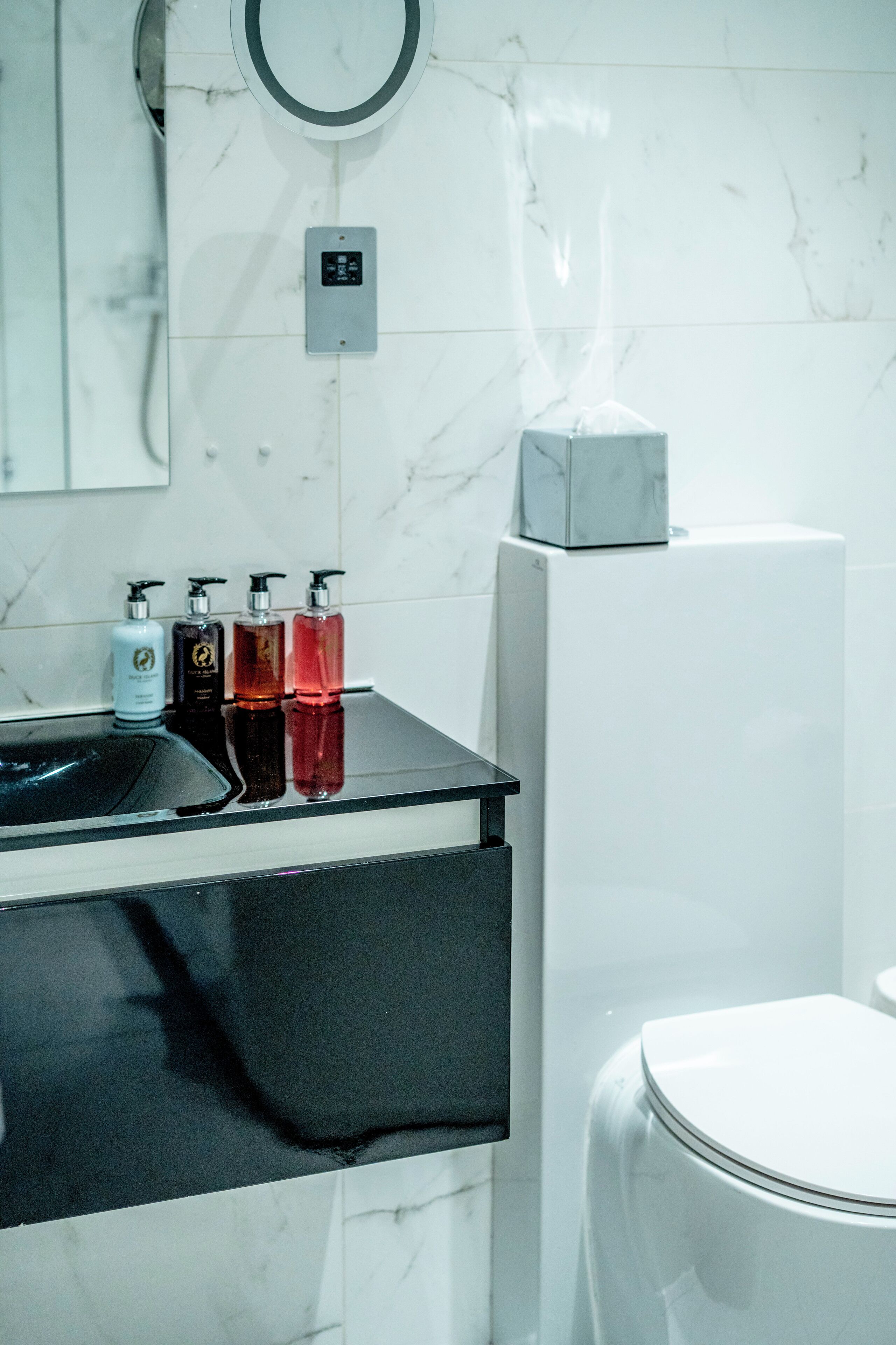 Une salle de bain avec un lavabo en marbre blanc, un plan de toilette noir et des toilettes blanches. On peut voir quatre bouteilles de savon liquide sur le lavabo.