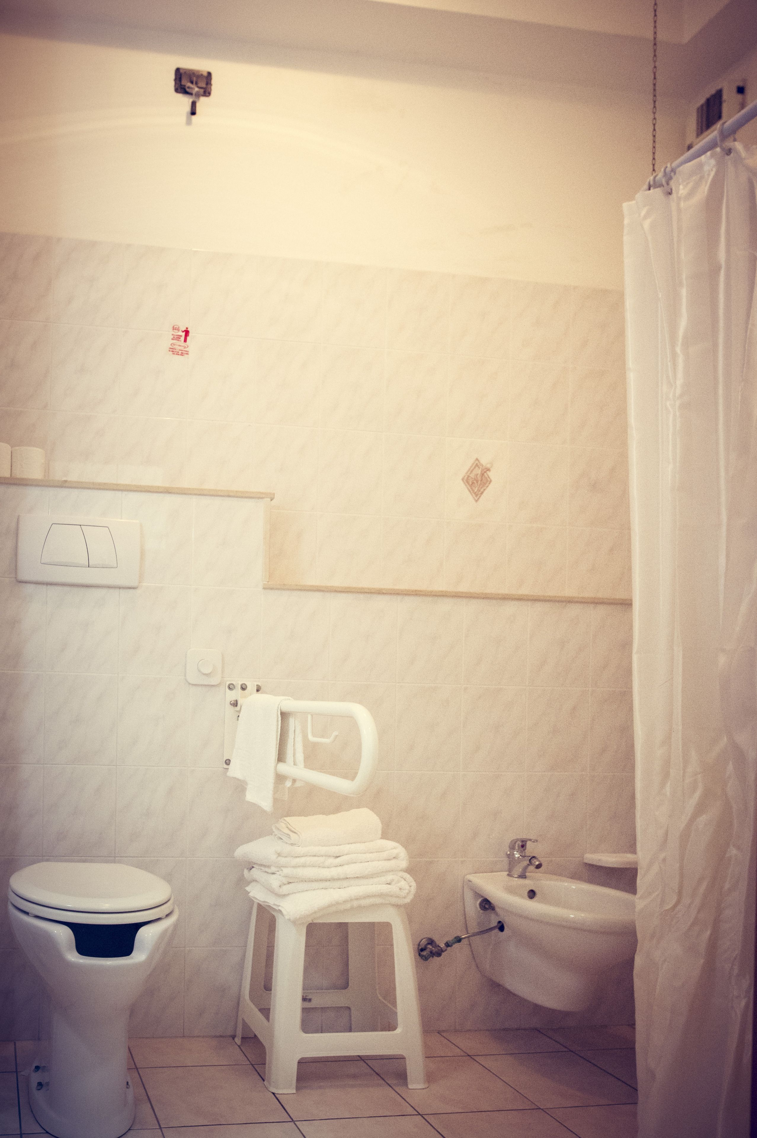 A bathroom with a toilet, a sink, and a shower curtain.