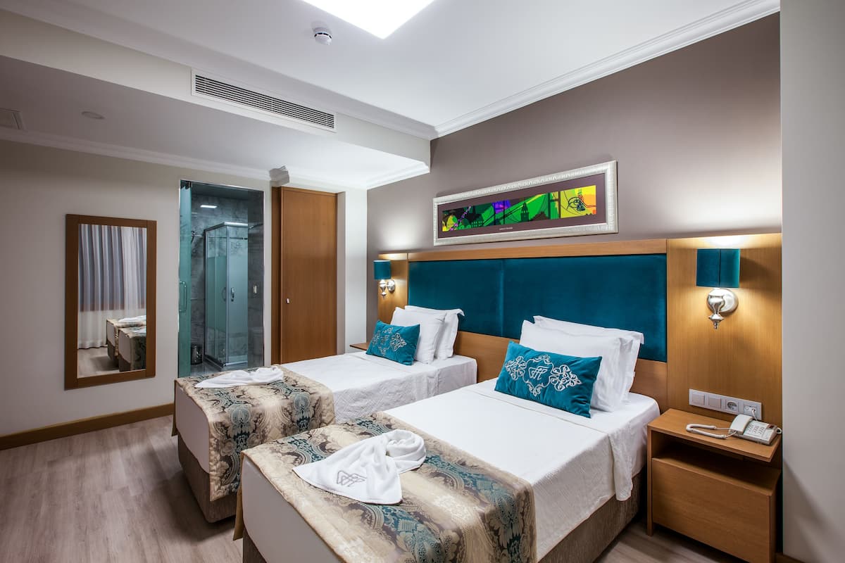 A hotel room with two beds, a shower, a mirror, and a painting on the wall.