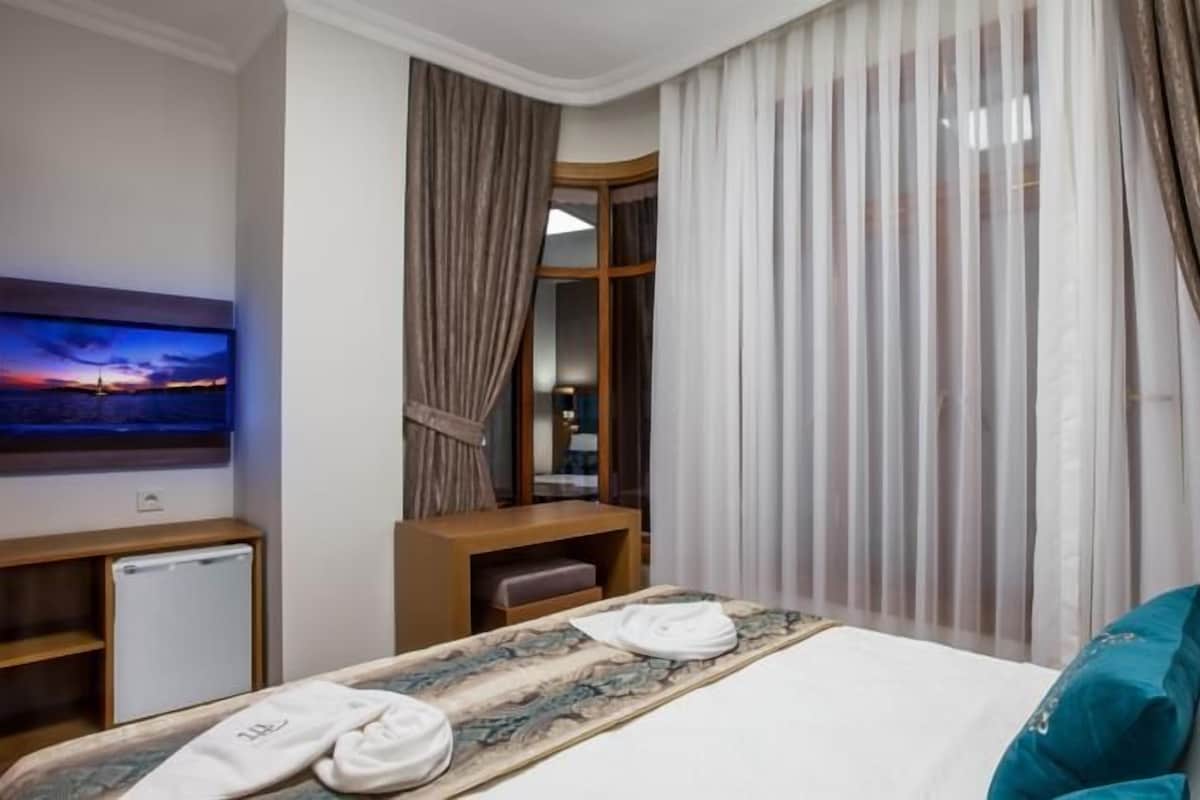 Una habitación de hotel con cama, televisión, escritorio y espejo.