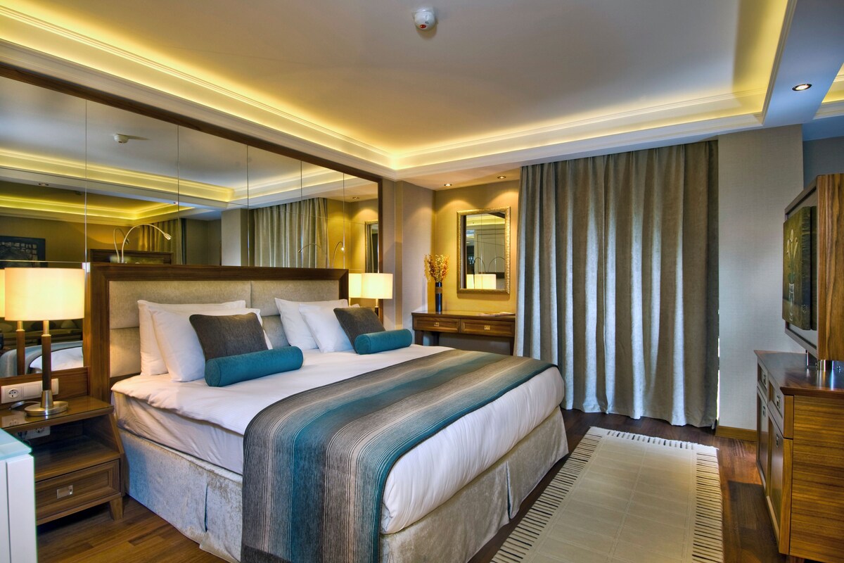 A hotel room with a large bed, bedside tables, a TV, a mirror, and a window with curtains.