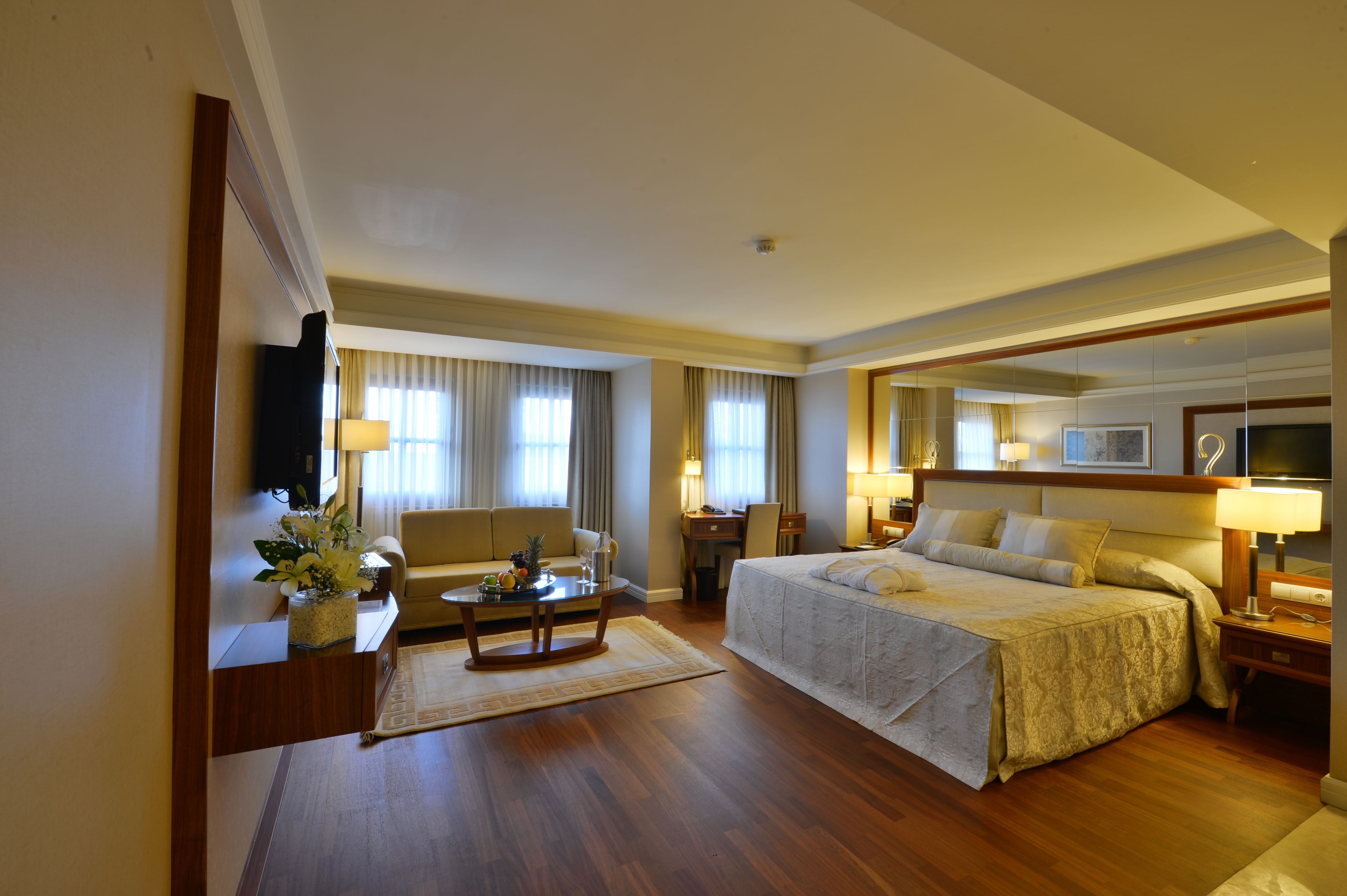 A hotel room with a bed, a sofa, a desk, and a TV.