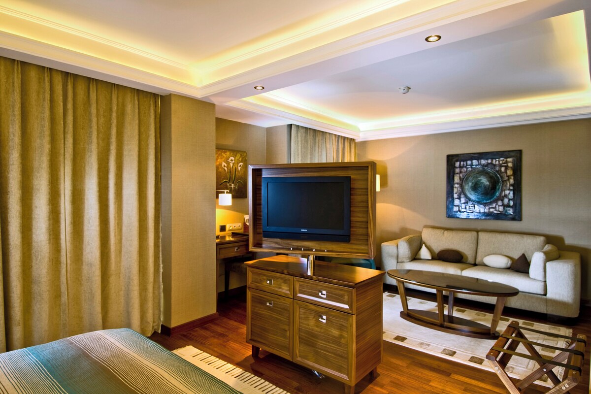 A hotel room with a bed, a television, a sofa, a coffee table, and a cabinet.