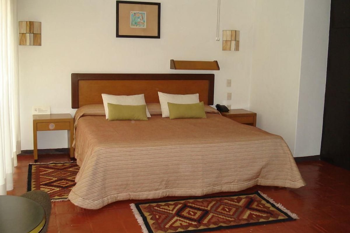 A hotel room with a bed, bedside tables, a nightstand, a framed picture on the wall, and a patterned rug.
