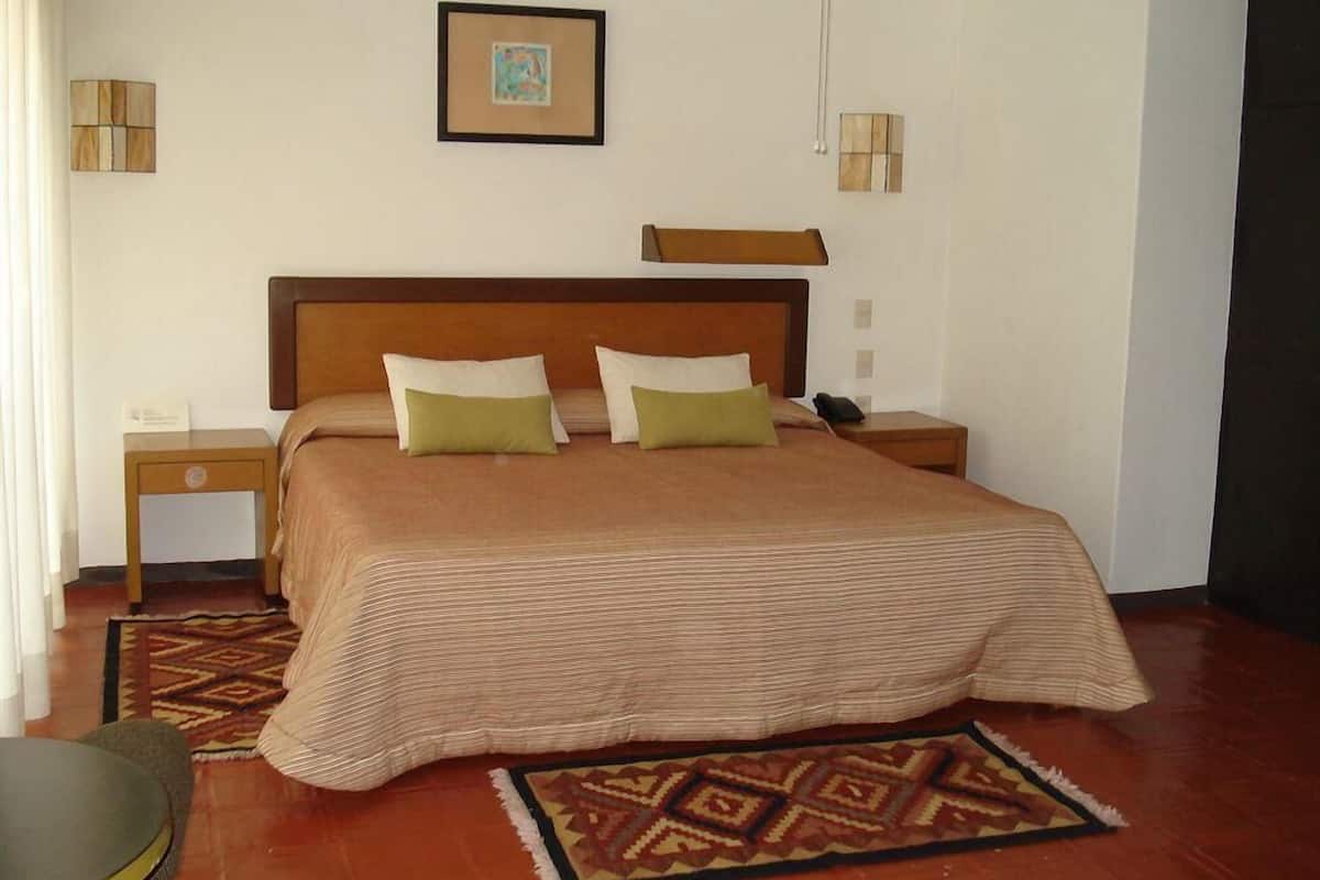 A hotel room with a bed, bedside tables, a nightstand, a framed picture on the wall, and a patterned rug.