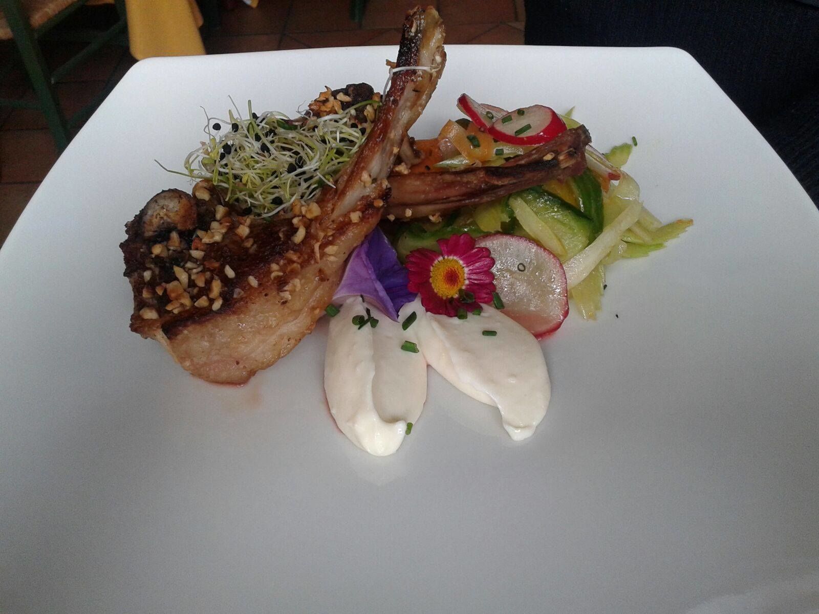 A plate with a grilled meat dish, a side salad, and a creamy sauce.