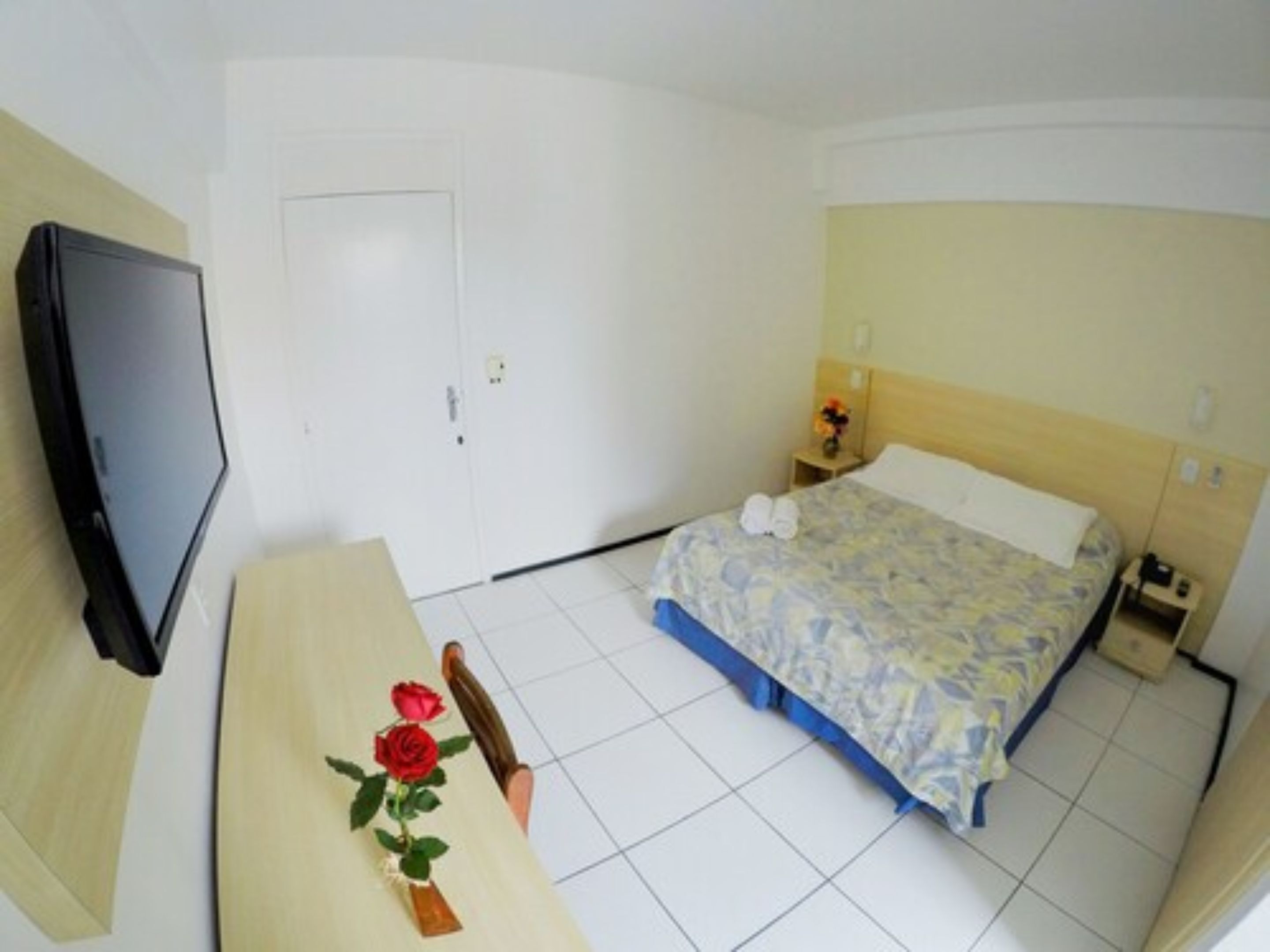 A hotel room with a bed, a desk, a television, and a vase with flowers.