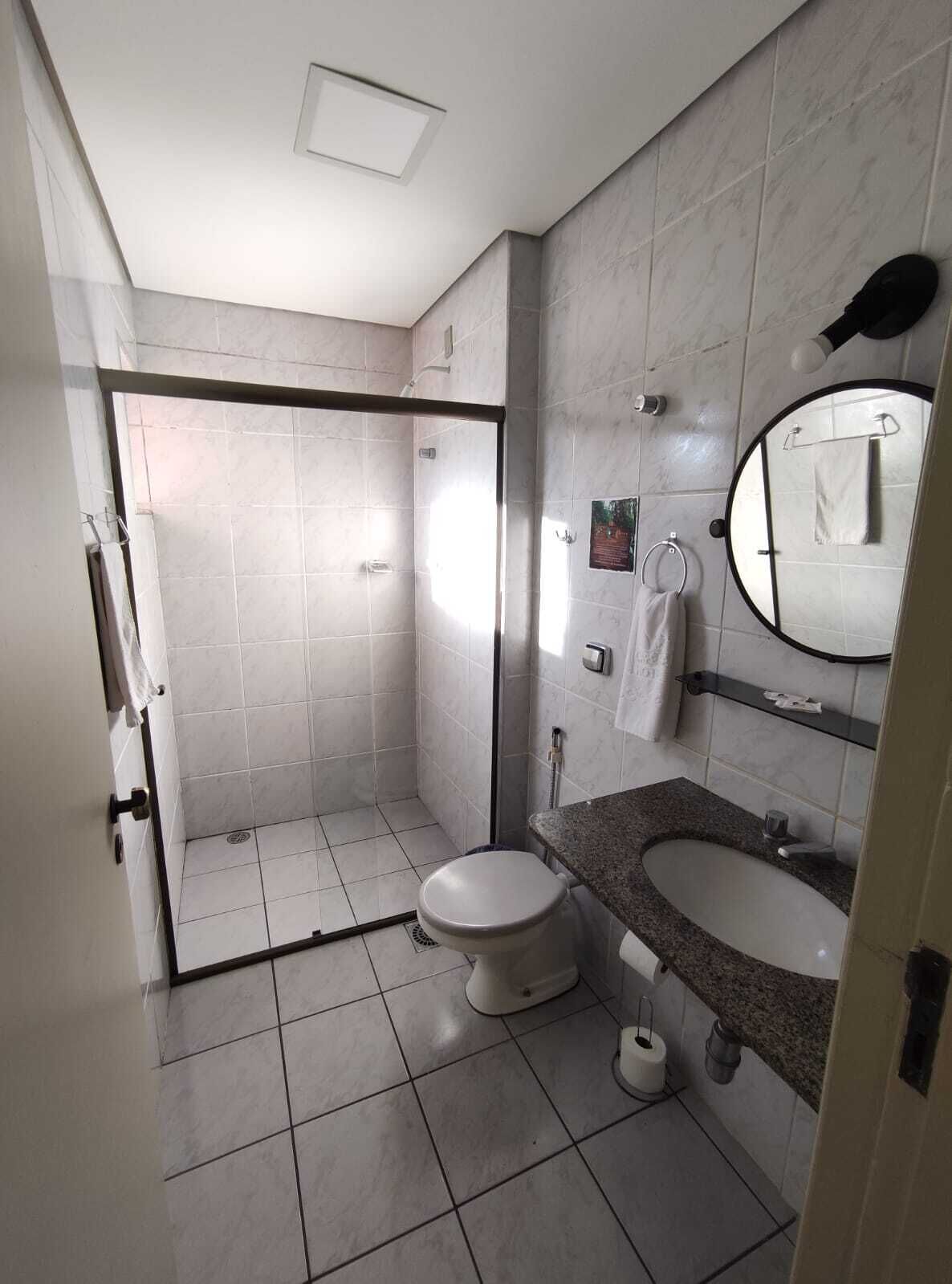 A modern bathroom with a shower, toilet, sink, and a large mirror.