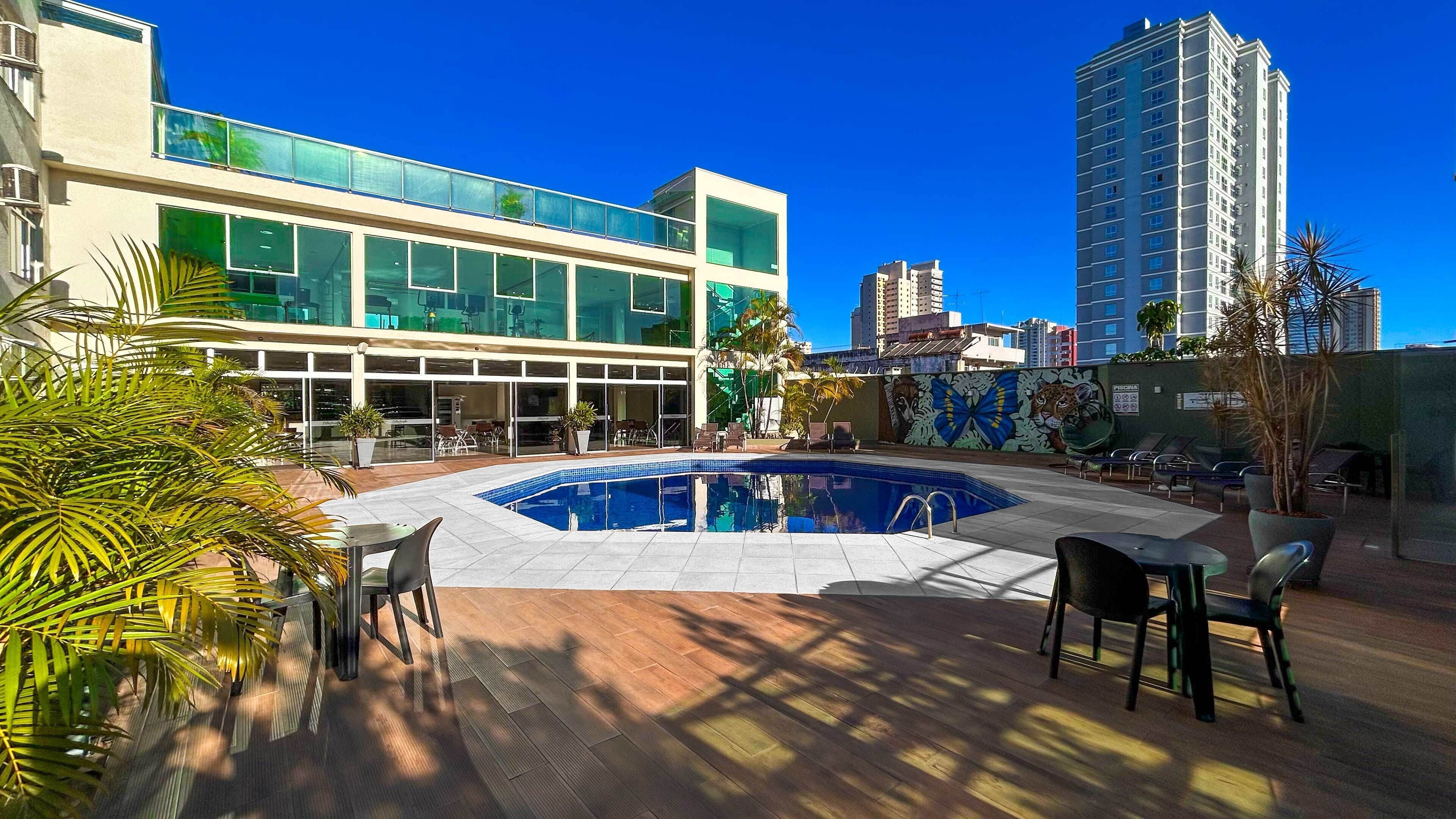 Outdoor pool, pool umbrellas, pool loungers