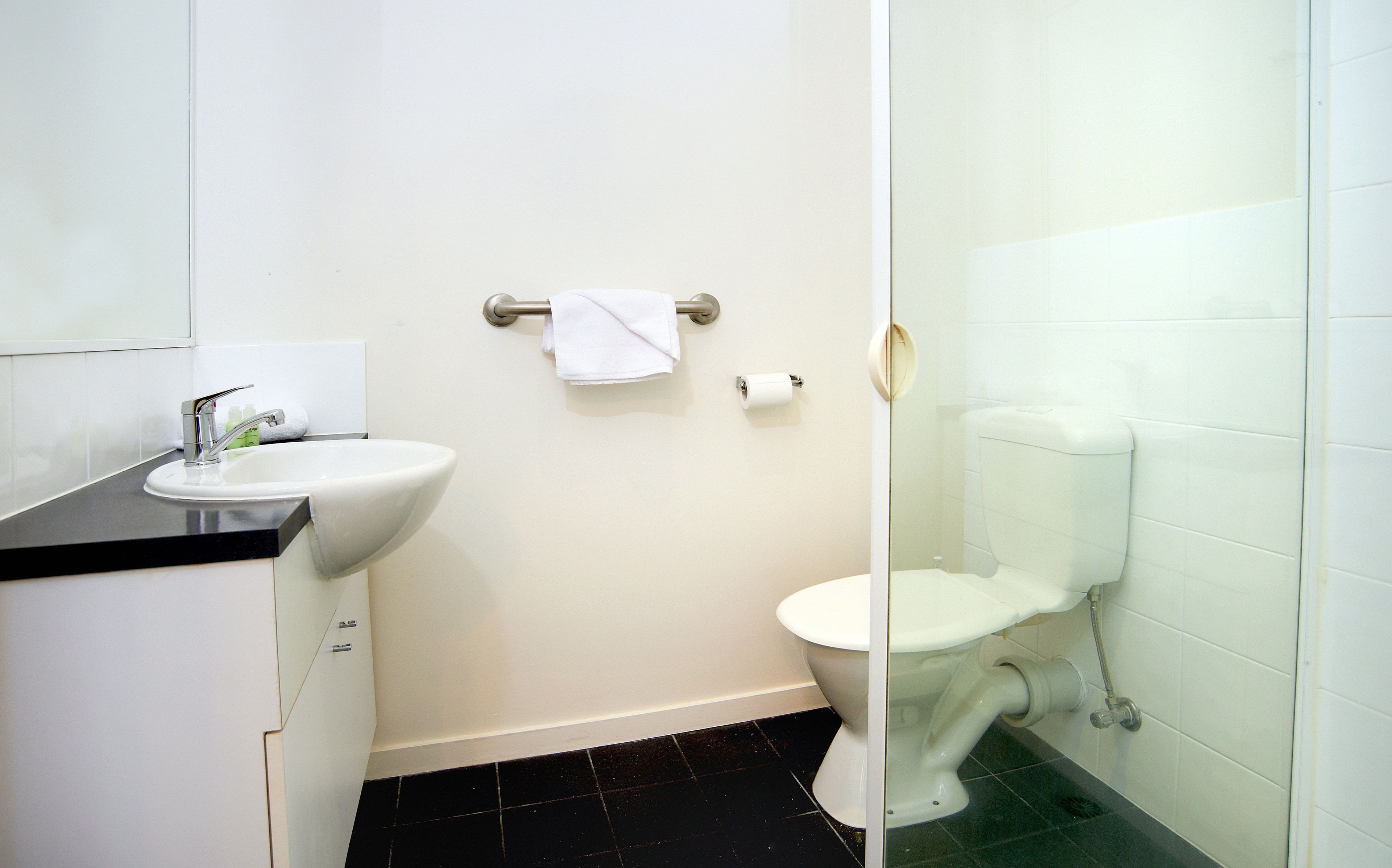 Een badkamer met een wit wastafelmeubel, toilet en douche.