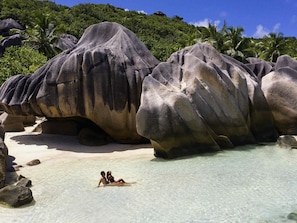 Ein Strand mit großen Felsen, klarem, flachem Wasser und üppigem Grün im Hintergrund.