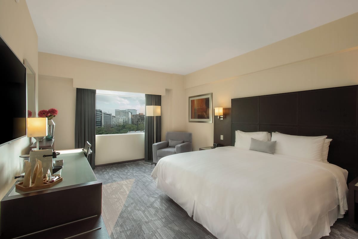 A hotel room with a large bed, a desk with a lamp, a chair, and a view of the city.