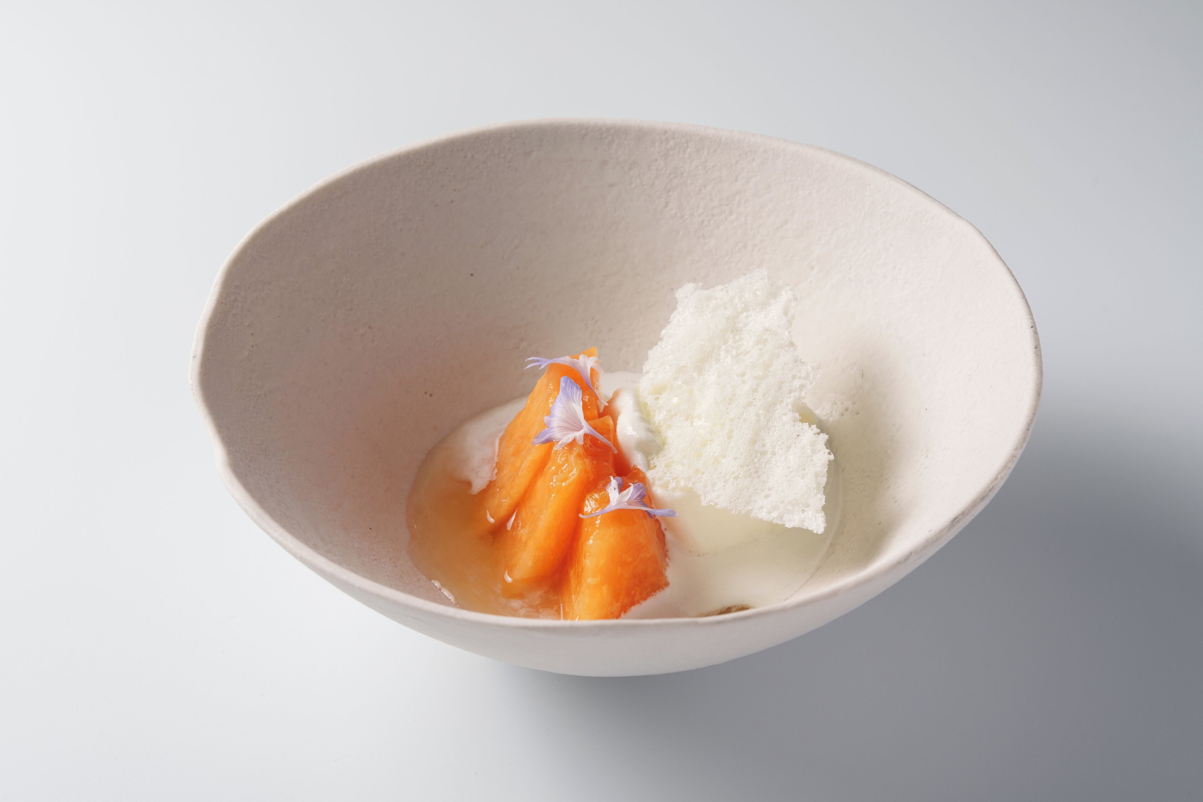A bowl with a white substance and orange slices.