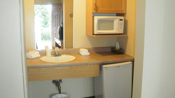 A compact bathroom with a sink, a microwave, and a small refrigerator. - Bayview inn (Orillia)
