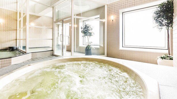 Un área de spa con hidromasaje, puertas de cristal y una planta en maceta.
