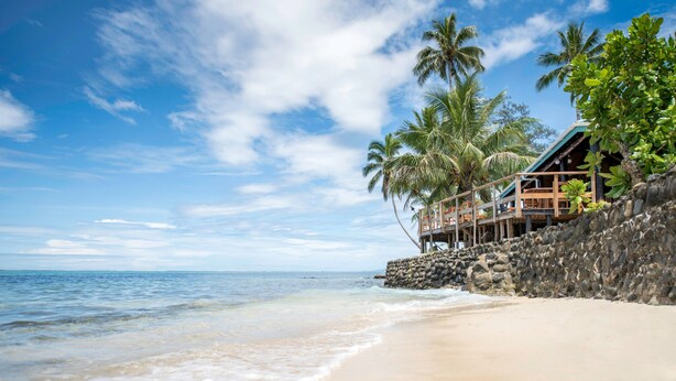 Una playa con una estructura de madera, palmeras y un muro de piedra.