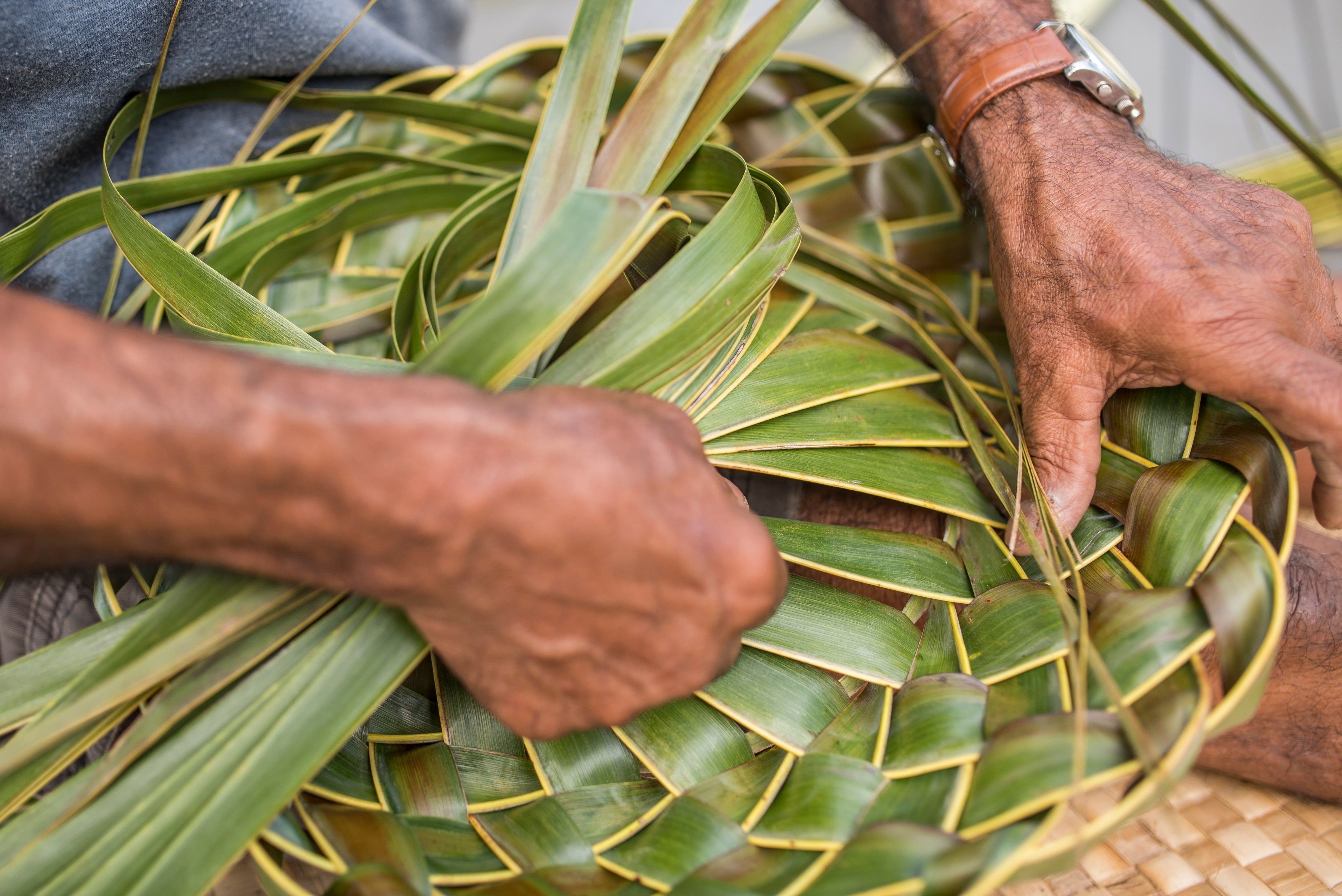 Hands weaving a traditional basket from green leaves.