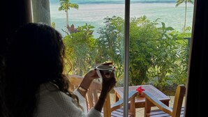 Una persona sentada junto a una ventana con vista al mar y palmeras.