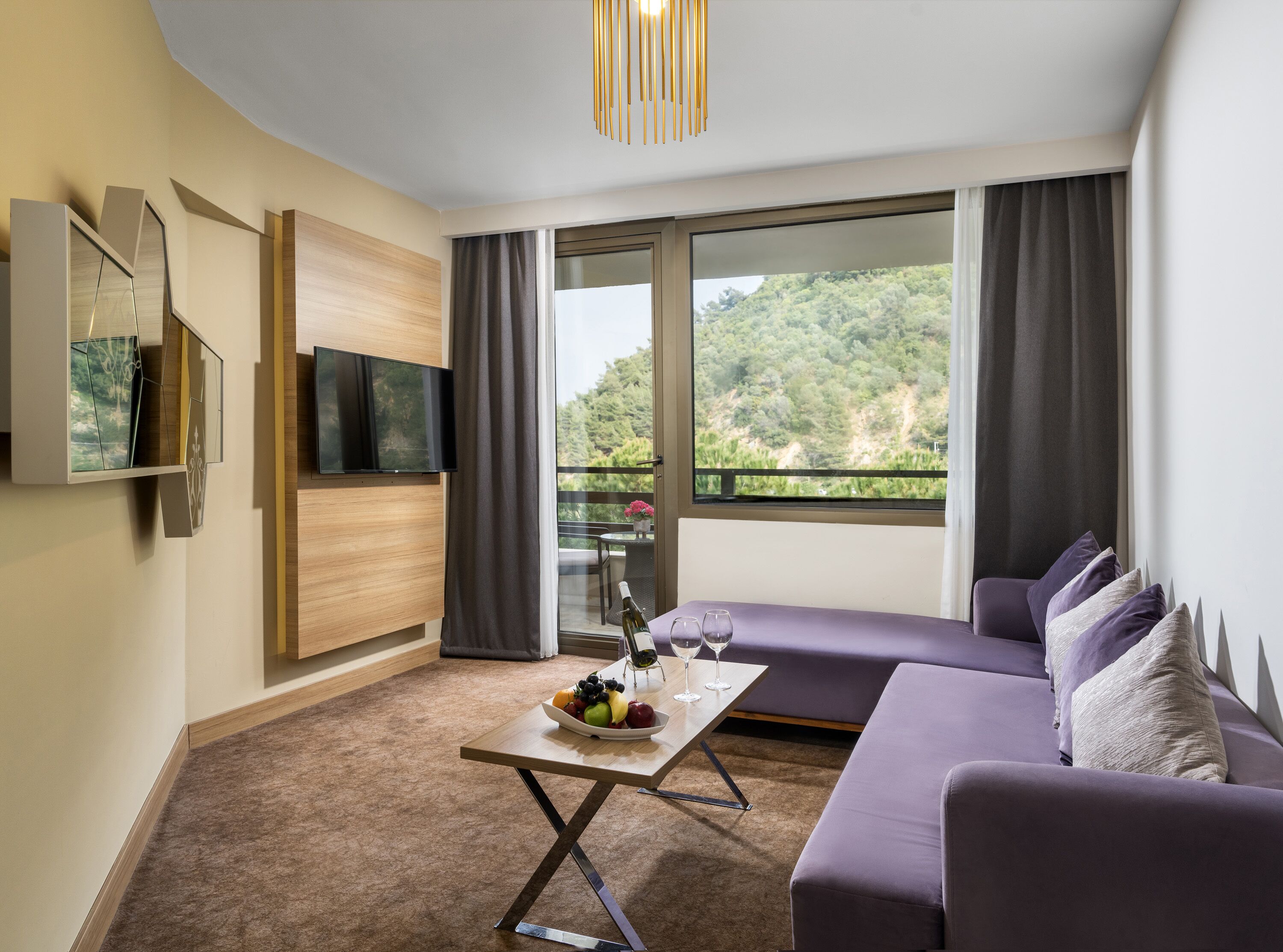 Una sala de estar moderna con un sofá, una mesa con frutero y vasos, un televisor de pantalla plana y un ventanal con vistas a zonas verdes.