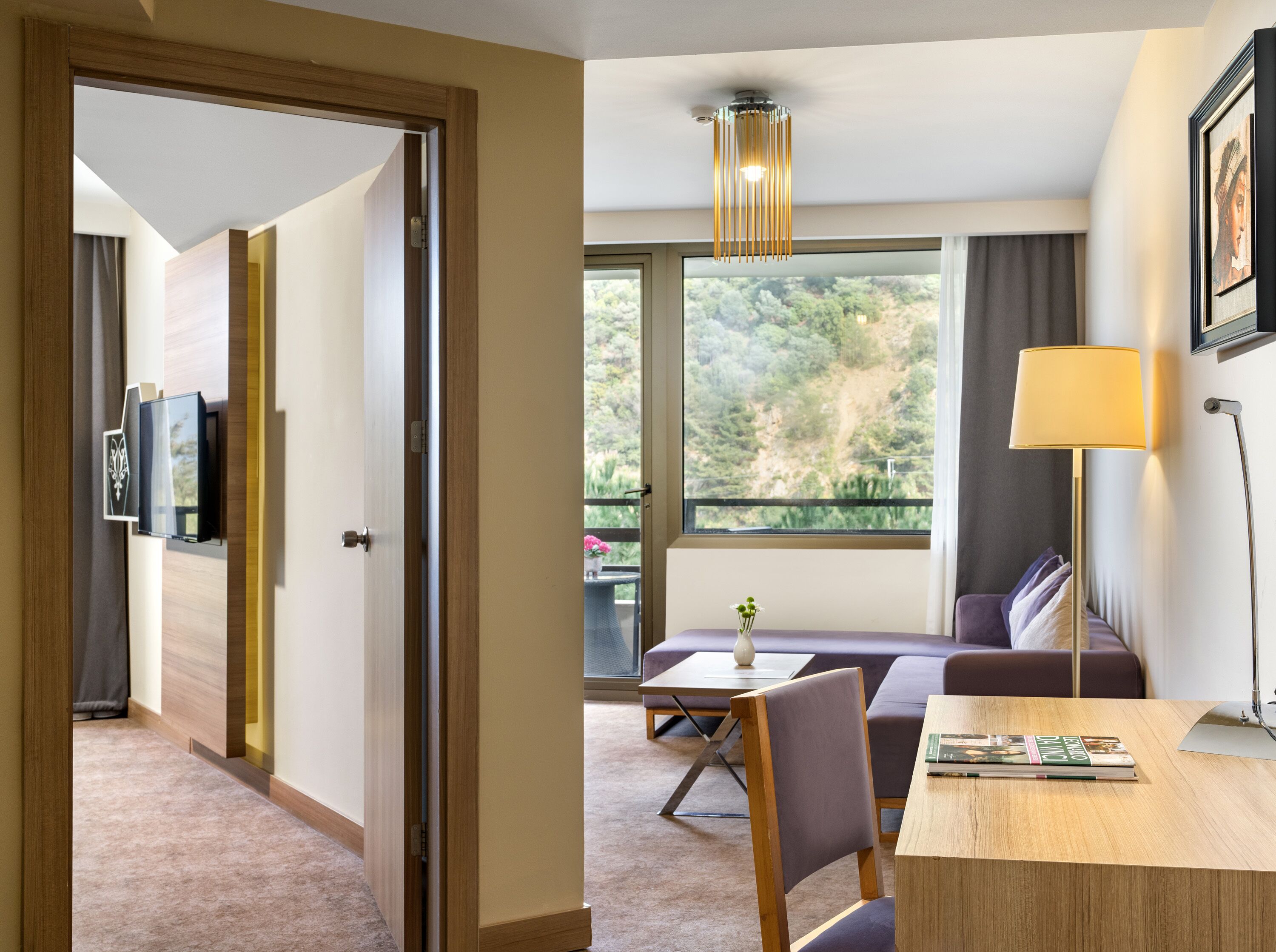 A modern hotel room with a wooden door, a sofa, a dining table, and a large window offering a view of greenery.