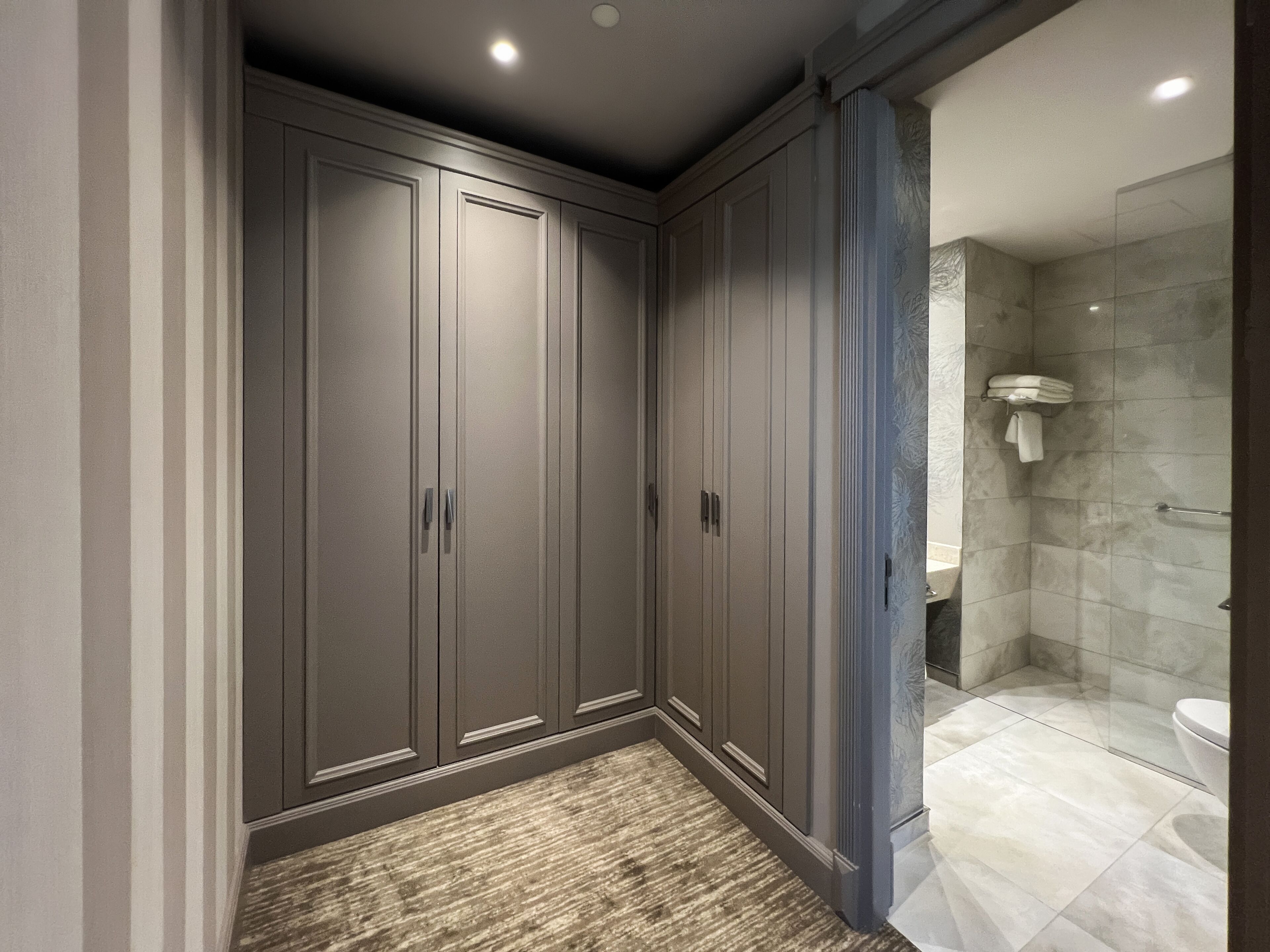 A bathroom with a walk-in shower, a toilet, and a sink.