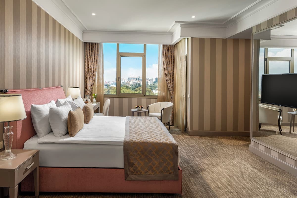 A hotel room with a large bed, a TV, a desk with a lamp, a chair, and a view of the city through the window.
