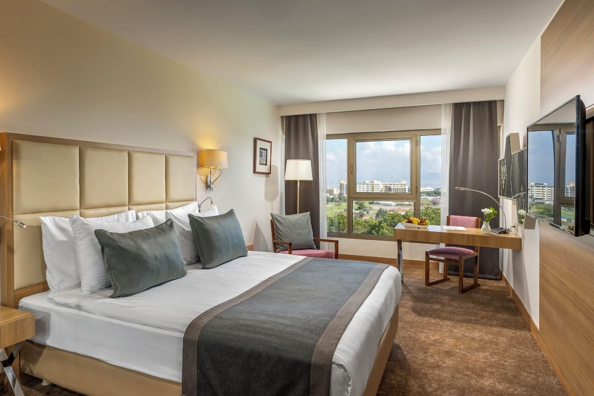 A hotel room with a large bed, a desk with a chair, a TV, and a window with a city view.