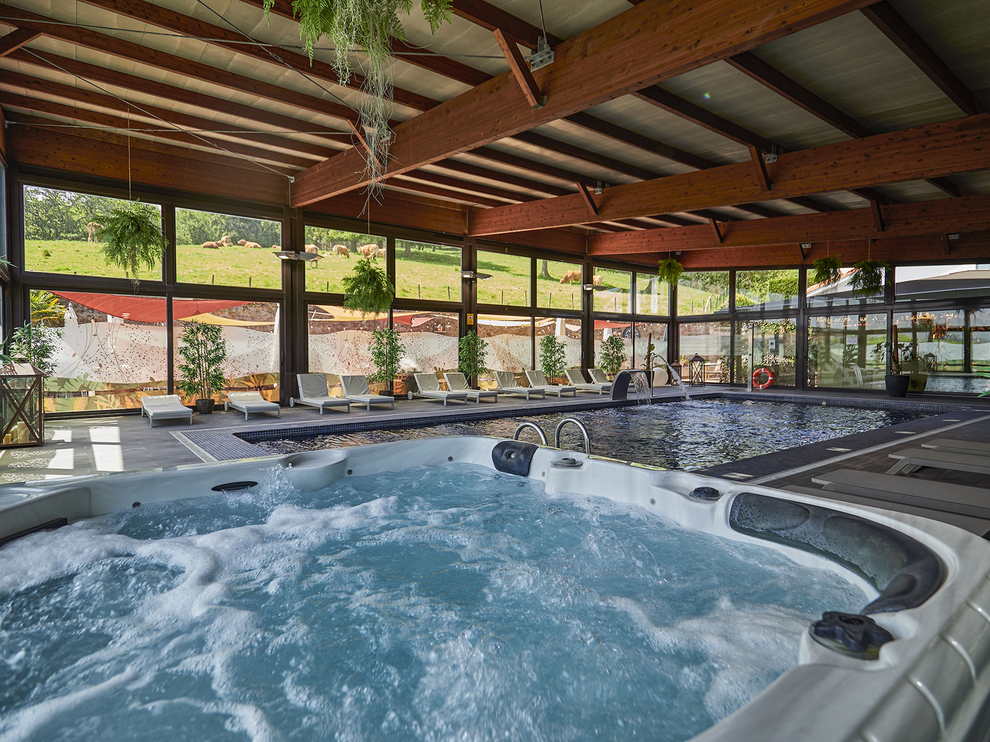 Ein Whirlpoolbereich mit Blick ins Freie, Liegestühle und ein Pool.