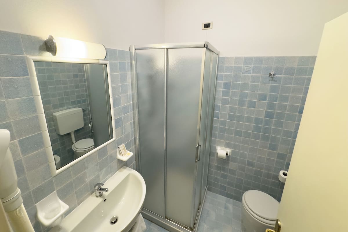 A bathroom with a sink, mirror, toilet, and shower.