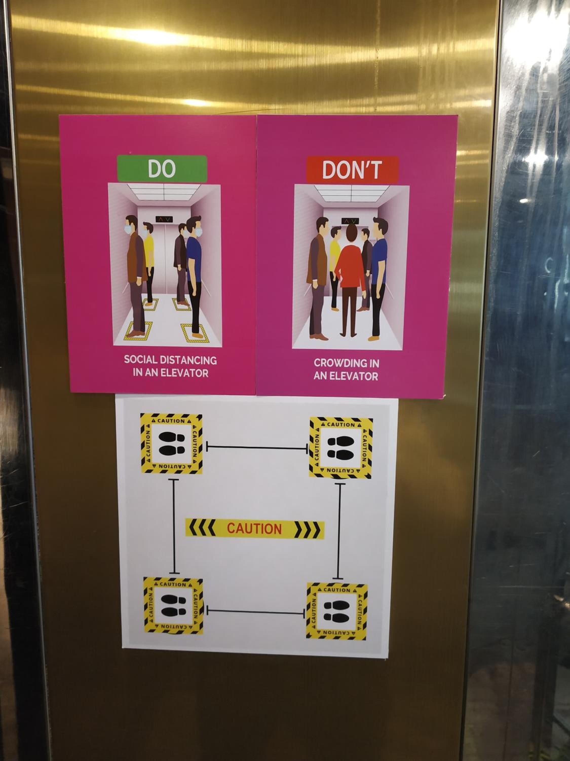 Un ensemble d’instructions de sécurité pour les ascenseurs, comprenant des panneaux indiquant ce qu’il faut faire et ce qu’il ne faut pas faire, ainsi que du ruban adhésif de signalisation.