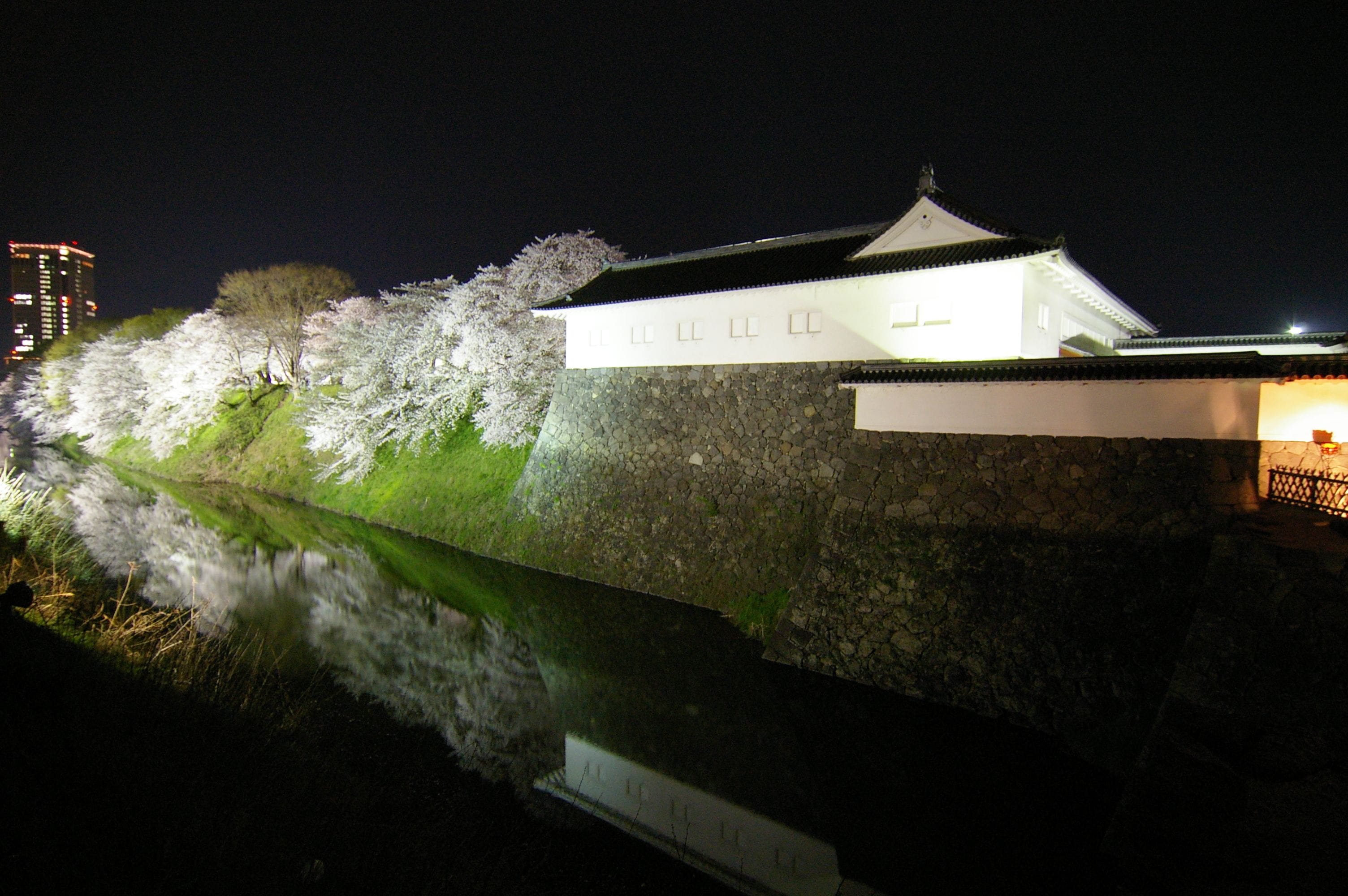 Een traditioneel Japans gebouw met een stenen muur en een spiegelbeeld in het water.