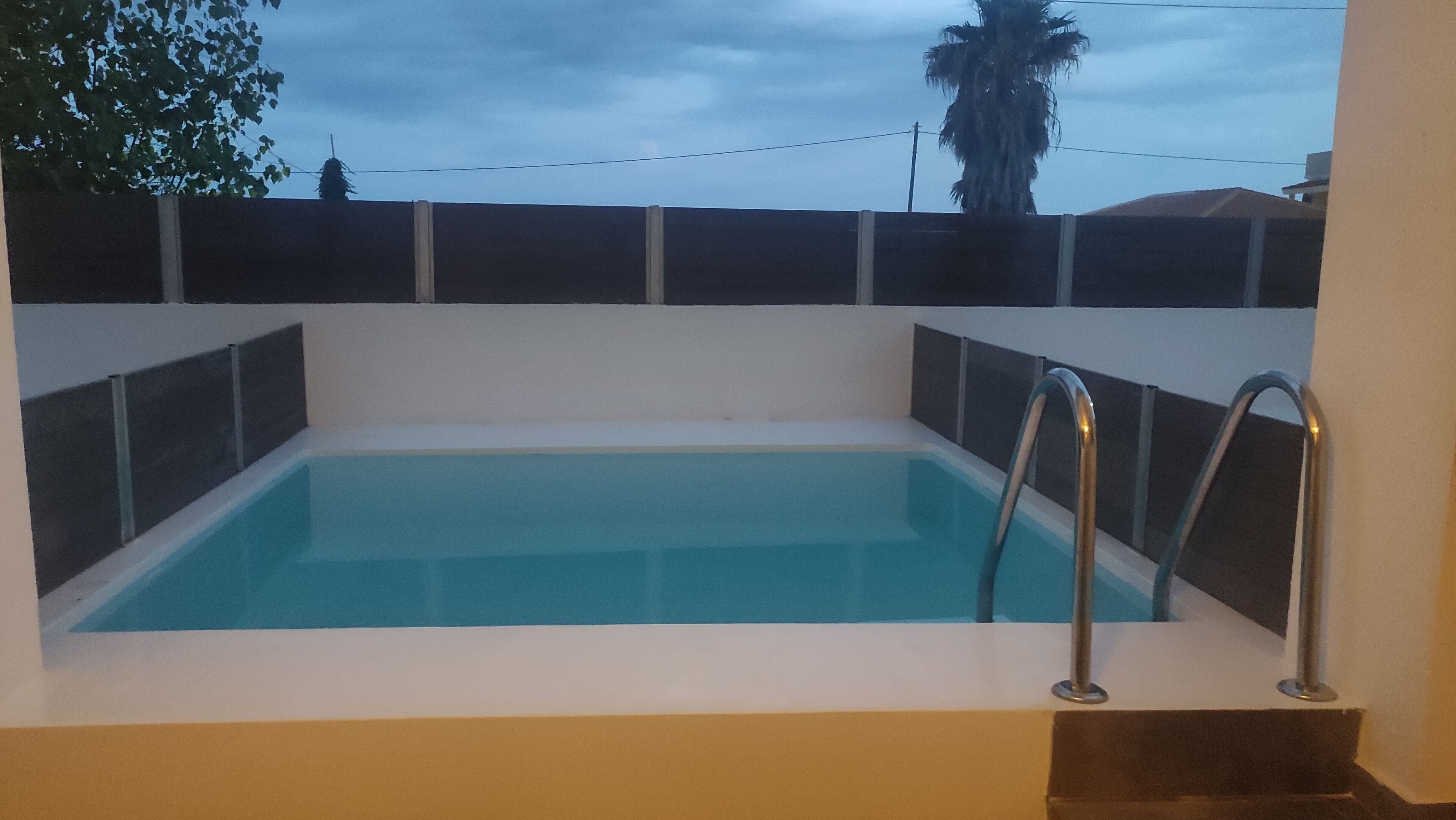 Une piscine rectangulaire avec un escalier en métal, entourée d’un mur recouvert de carreaux noirs et blancs.